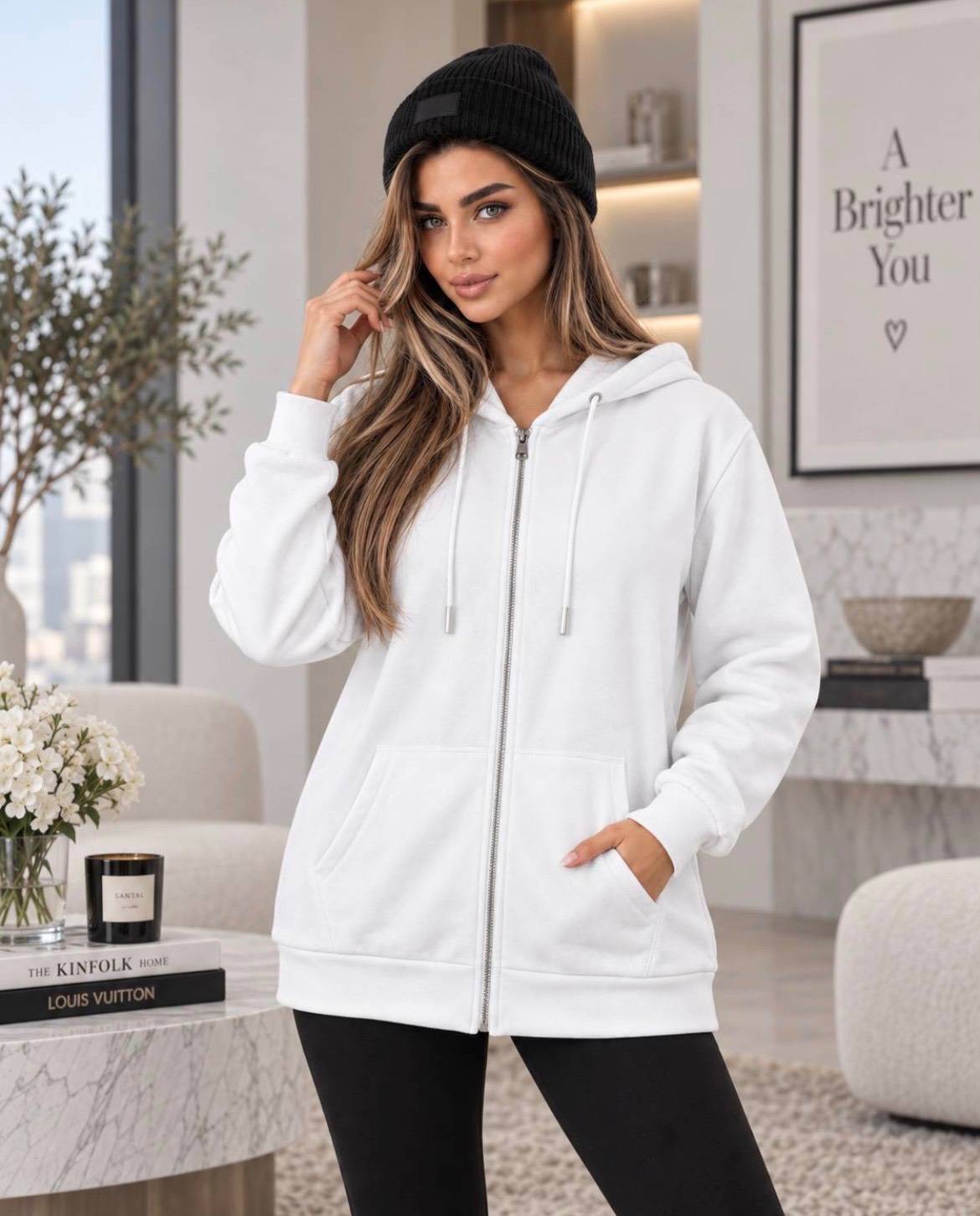 سویشرت زیپدار ساده جنس دورس تو کرکی کلاه دار